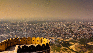 Jaipur skyline from Nahargarh Fort on a budget trip 