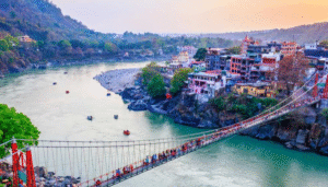 Crossing Laxman Jhula during Rishikesh backpacking trip
